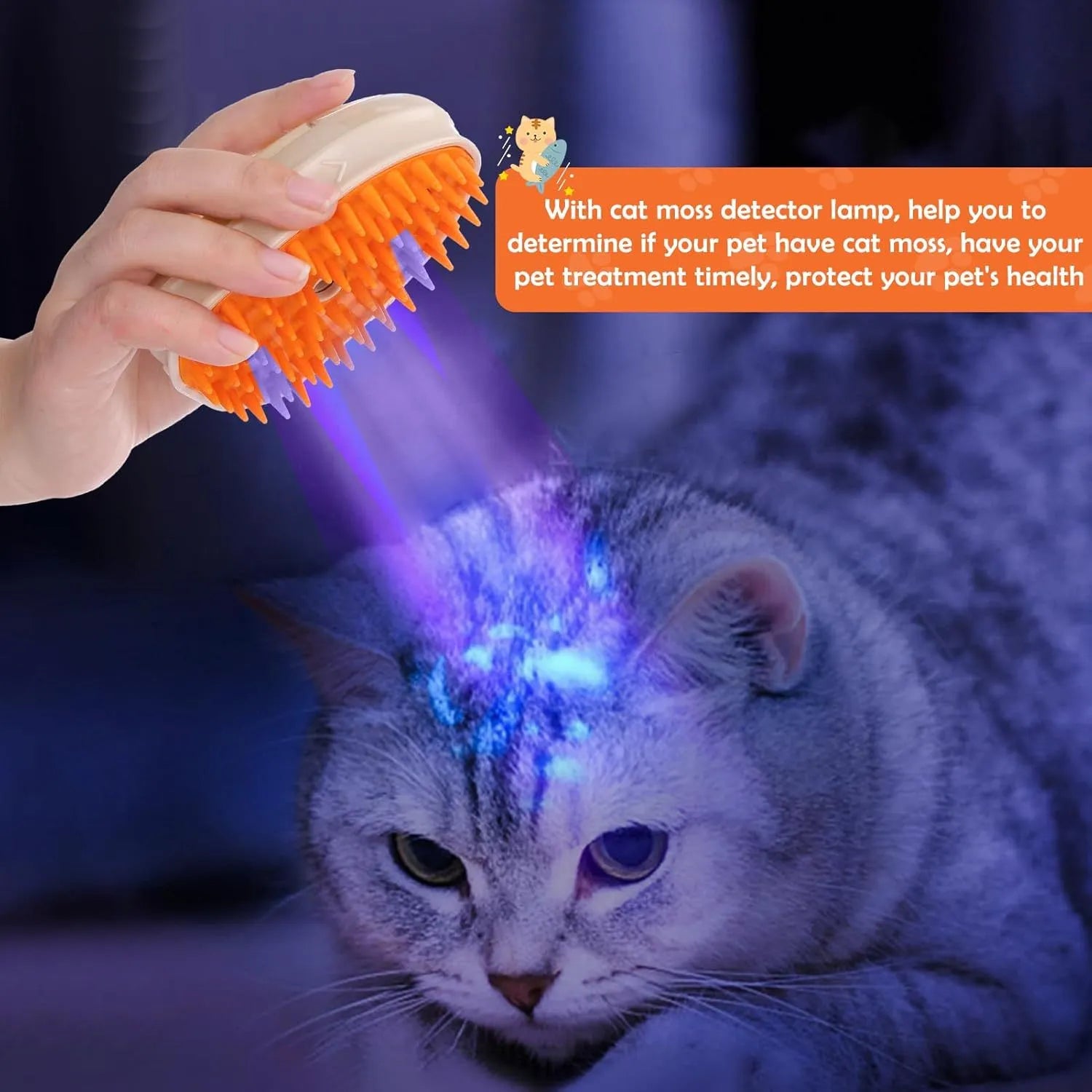 Yellow 4-in-1 cat steam brush with silicone grooming head and ringworm detector