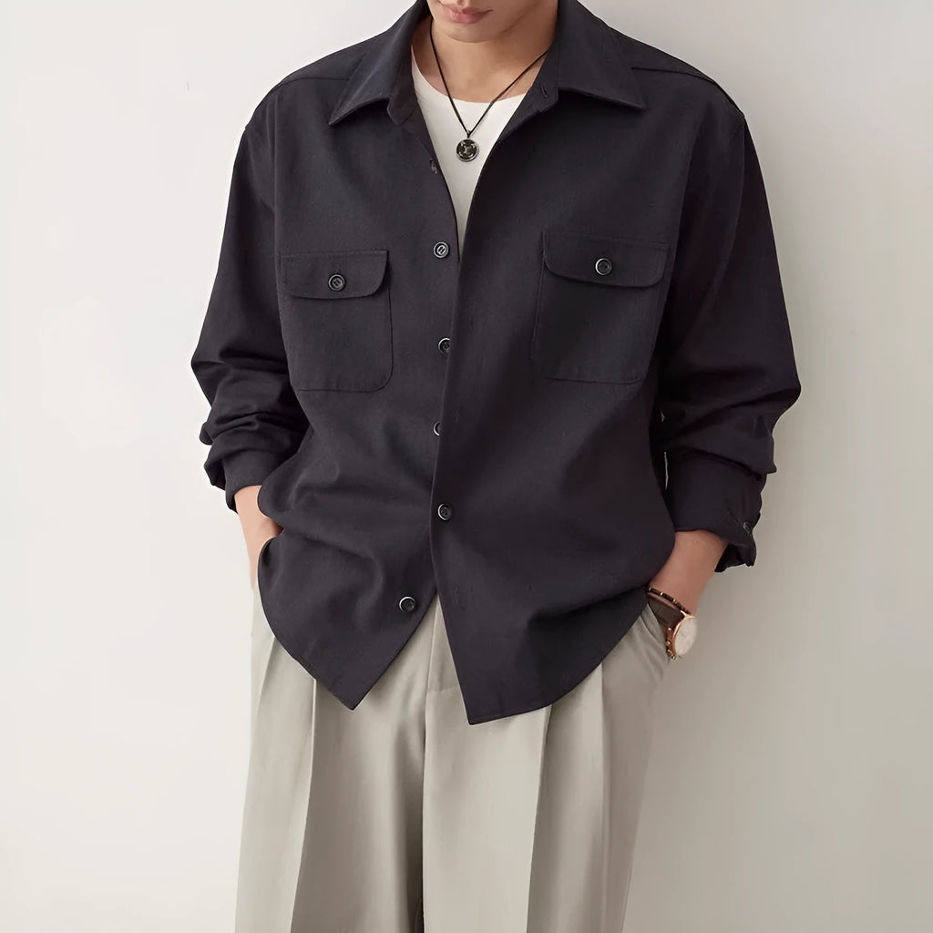Men's cotton blend casual shirt with long sleeves in light sand rice colour with simple lapel