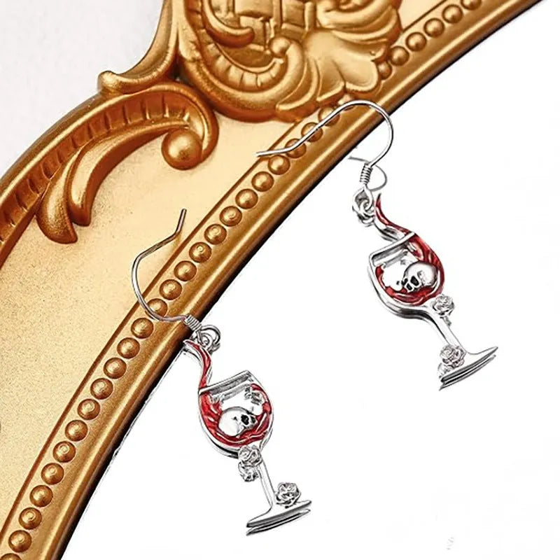 Halloween skull wine glass earrings in geometric design with electroplated zinc alloy