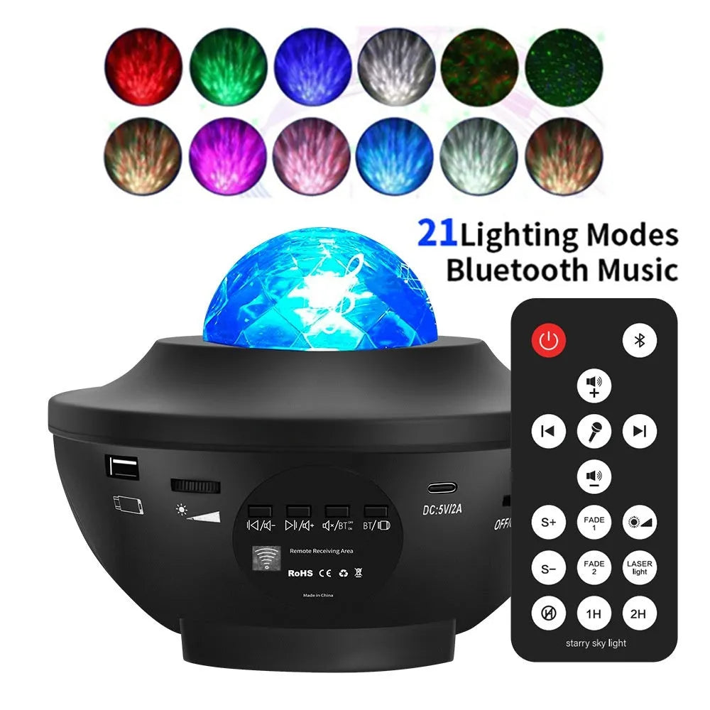 Black parallel style starry sky projection lamp with USB power and Bluetooth music playback