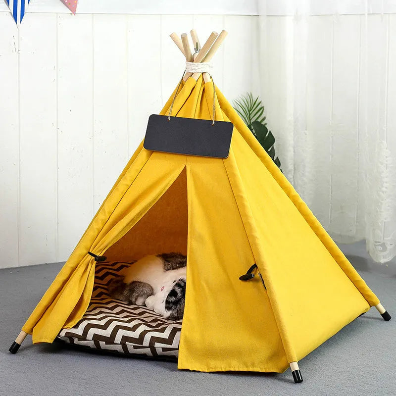 White and yellow striped flax linen pet teepee bed with cushion for small dog or cat.