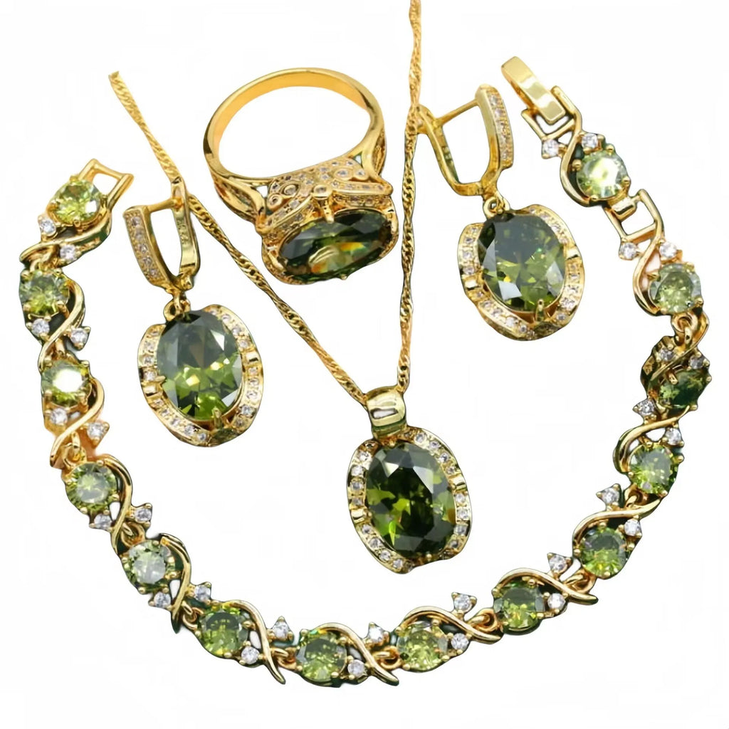Women's copper rhinestone jewellery set with zircon stones in olive green colour