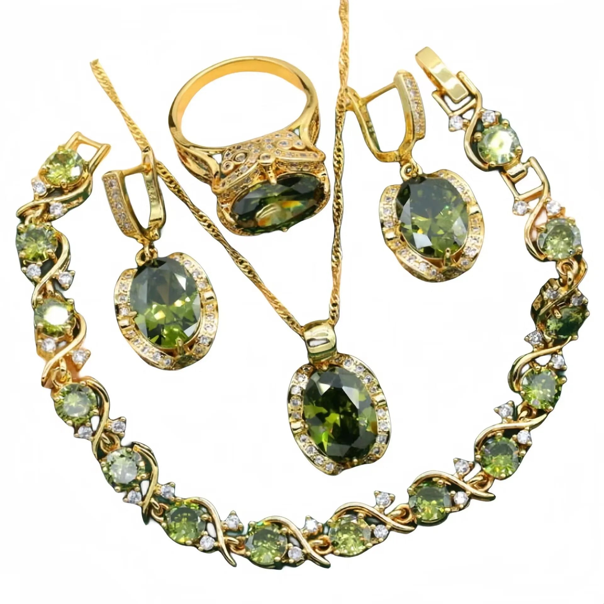 Women's copper rhinestone jewellery set with zircon stones in olive green colour
