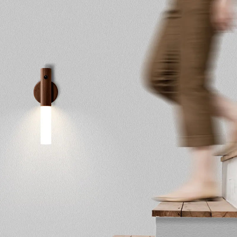 Compact smart sensor LED desk lamp made of solid wood and acrylic, showing coffee colour option.