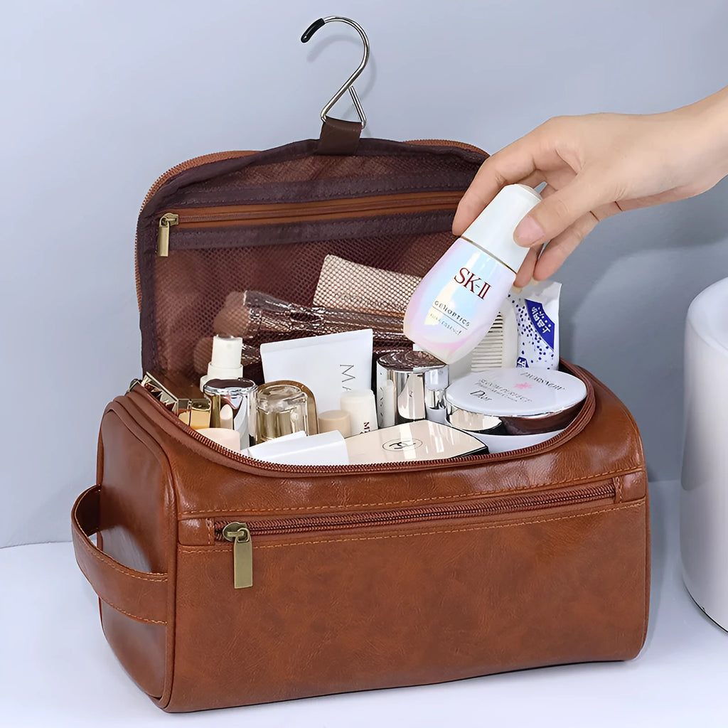 Large waterproof cosmetic bag in retro style, shown in PU leather brown and Oxford cloth navy blue options.