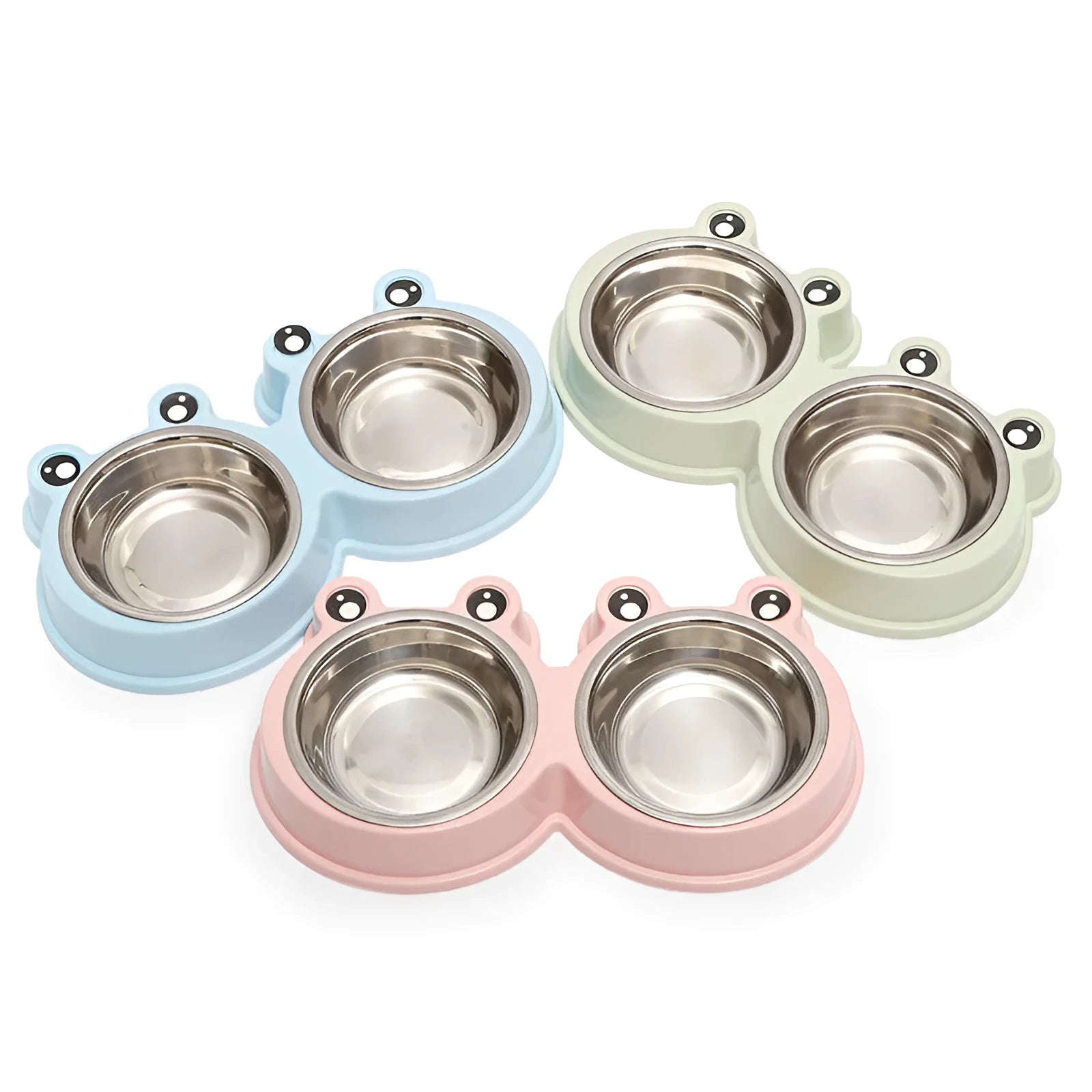 Blue stainless steel double pet bowl with frog design, showing separate food and water compartments on a non-slip base.