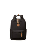 Black Oxford cloth fashion backpack with curved shoulder straps and retro sewing thread detailing