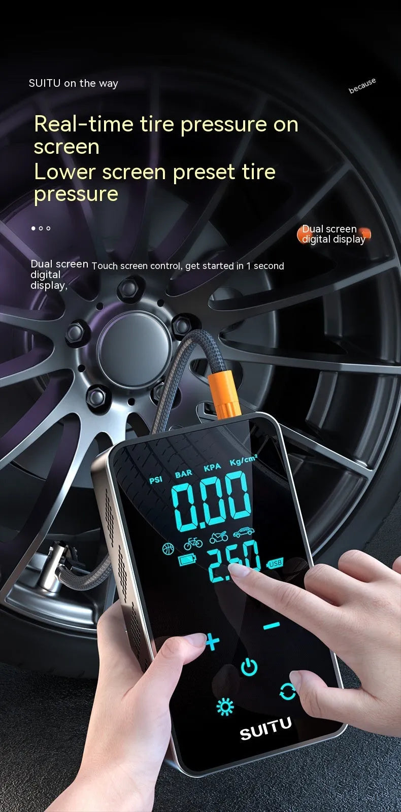 Black wireless portable tyre inflator with LCD screen, attached air hose, and set of four nozzle adapters
