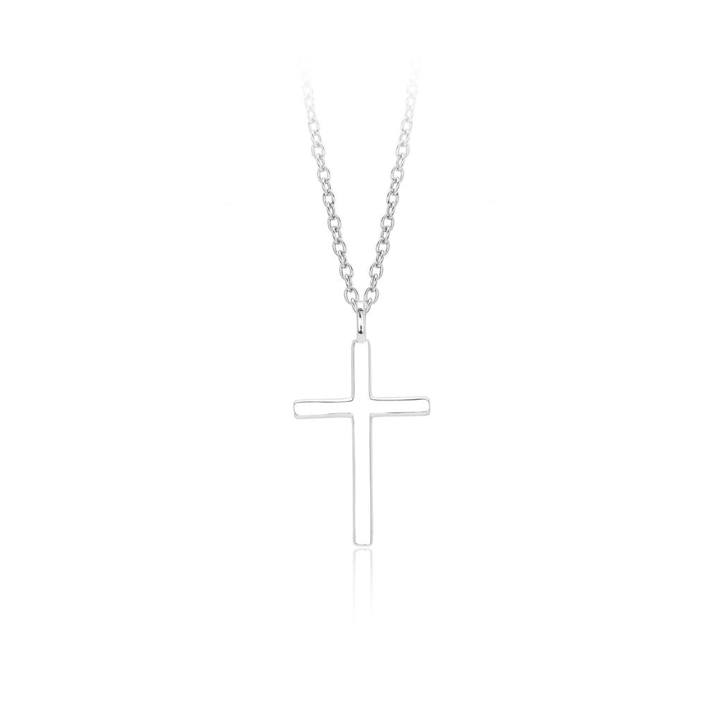 Simple glossy cross pendant on a sterling silver O-chain necklace, shown in gold, platinum, and rose gold finishes.