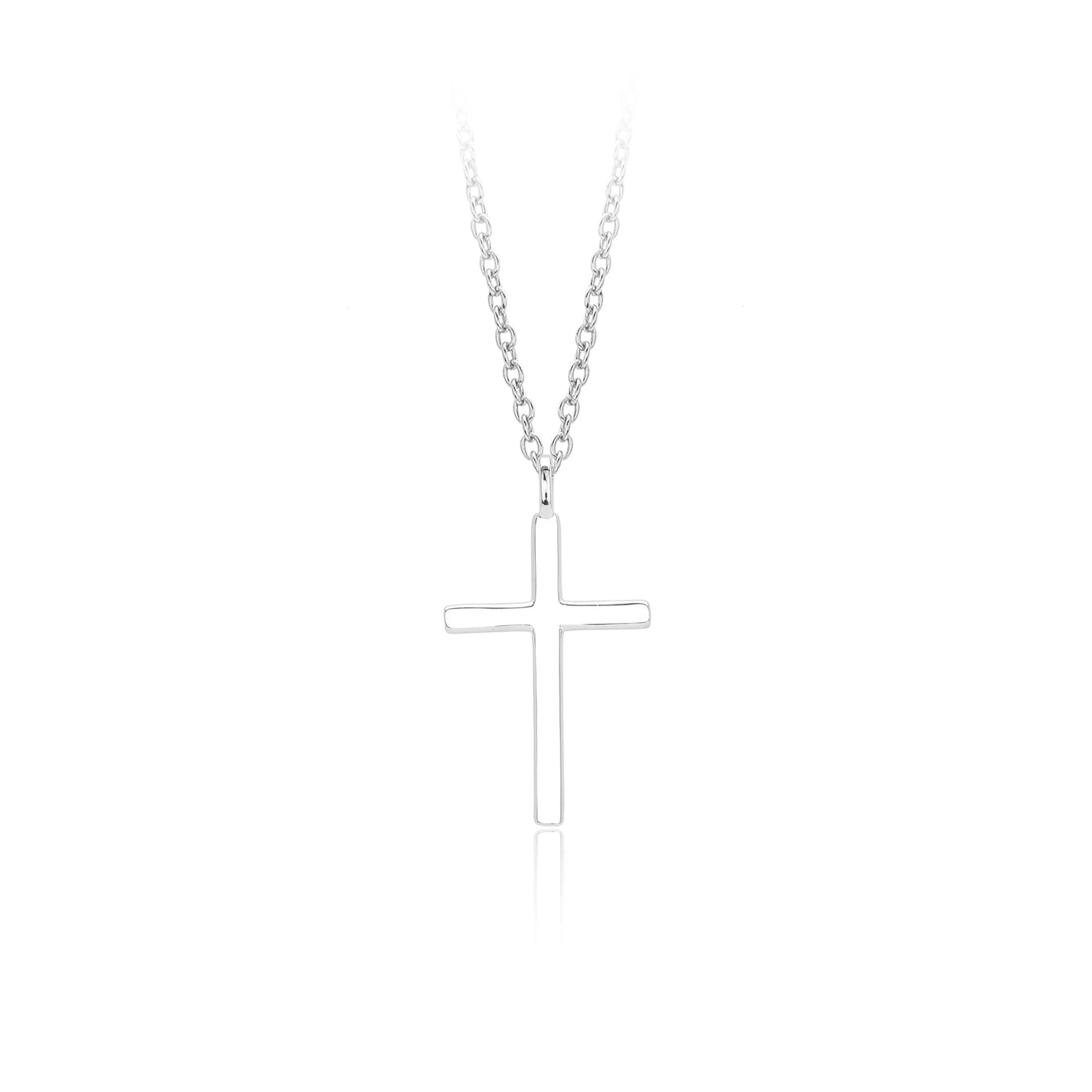 Simple glossy cross pendant on a sterling silver O-chain necklace, shown in gold, platinum, and rose gold finishes.