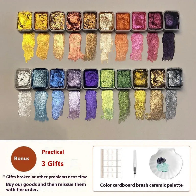 Traditional Chinese painting watercolour set showing tubes of red gold, white gold, warm, and cold pearlescent colours.