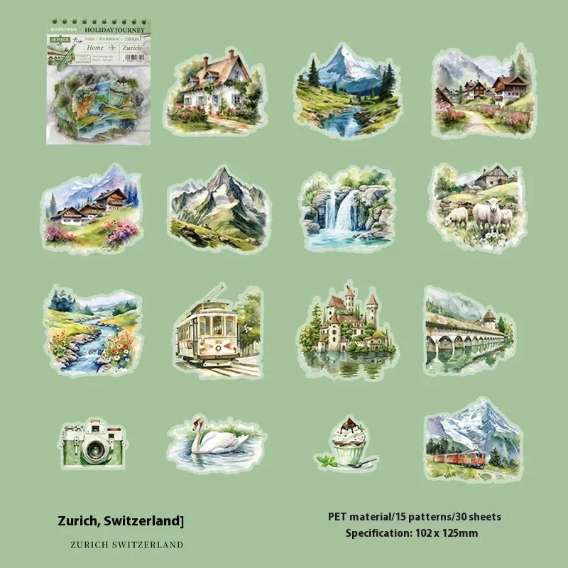 Holiday Journey Series architecture journal stickers with seven landmark designs in retro style