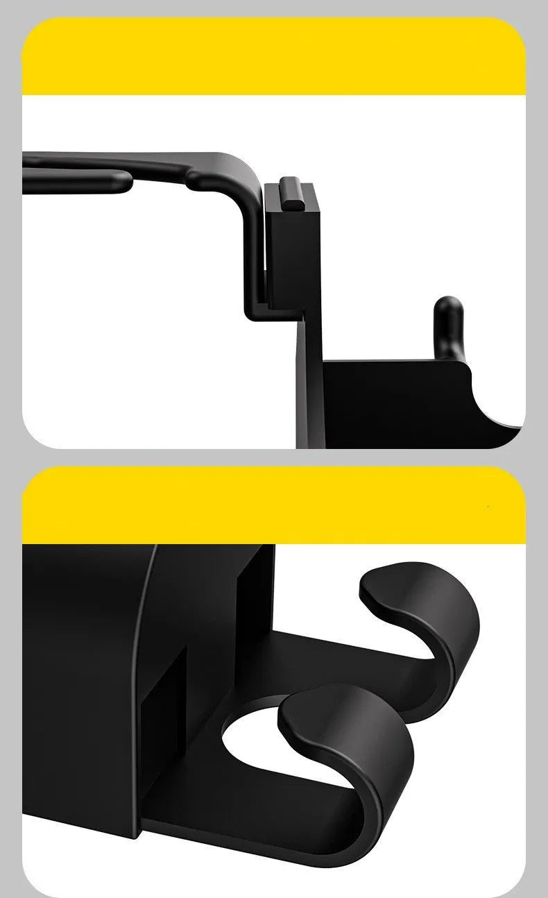 Black plastic car hook seat back organiser with cup holder mounted on vehicle headrest