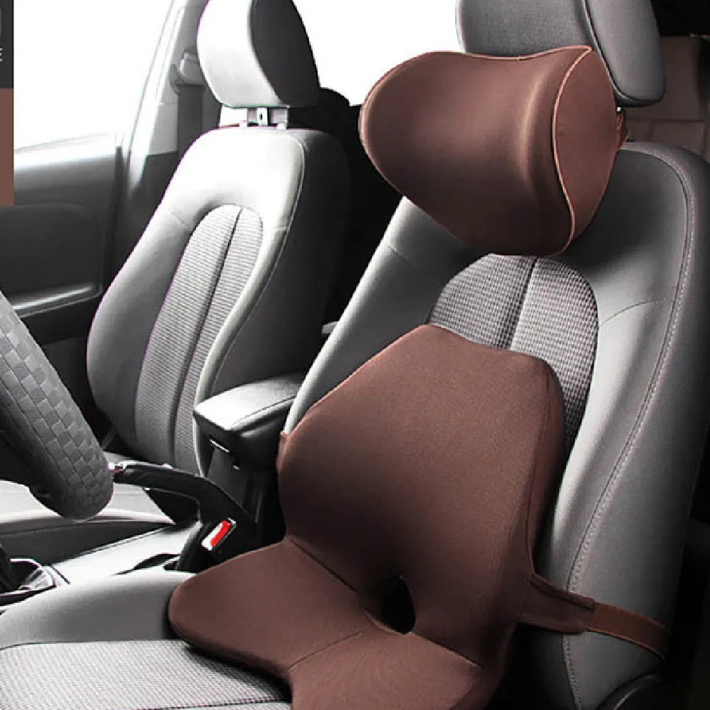 Car seat waist cushion with memory foam padding in beige colour, shown alongside a black version with headrest