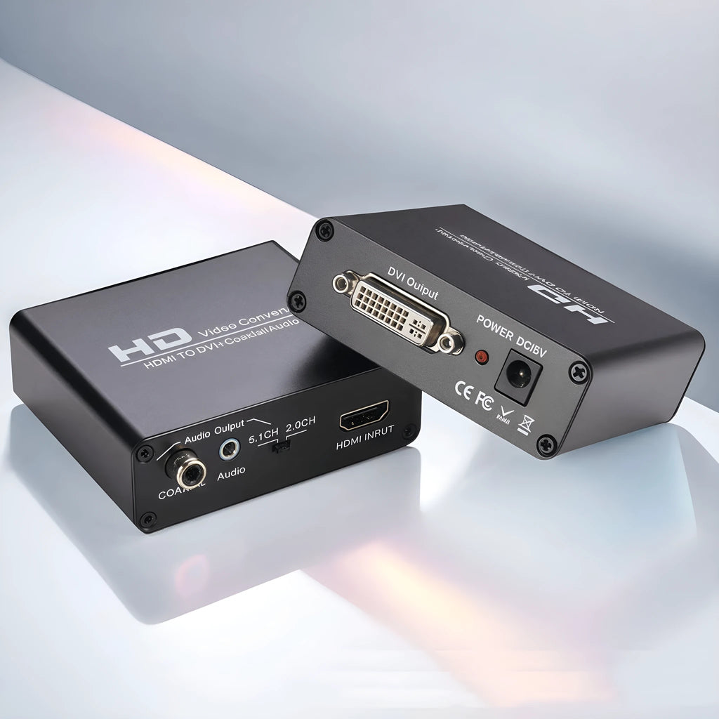 Black HDMI to DVI converter with 1.5m cable and 3.5mm audio output port for 1080p video.