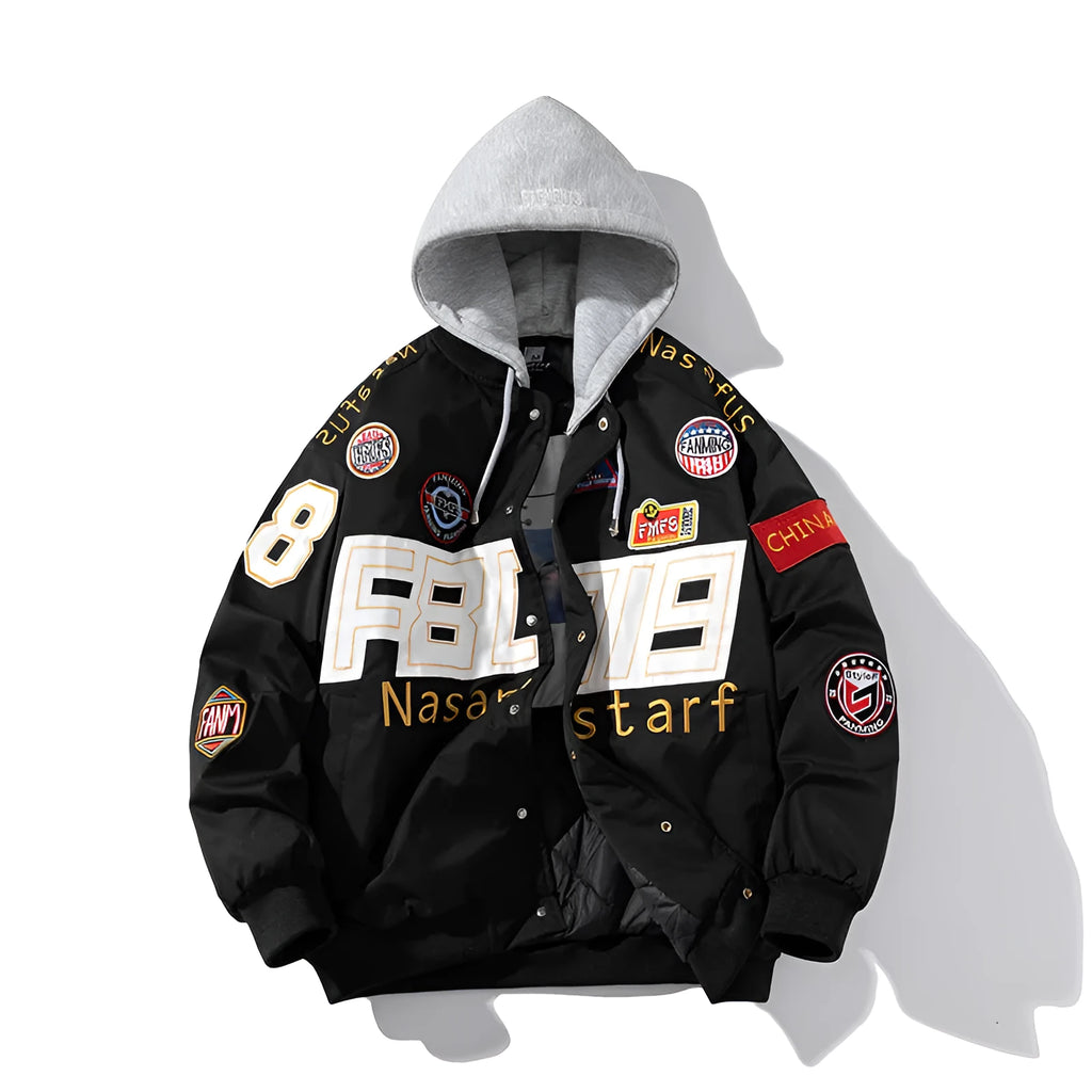 American motorcycle couple baseball jacket with cotton padding and side pockets in black colour