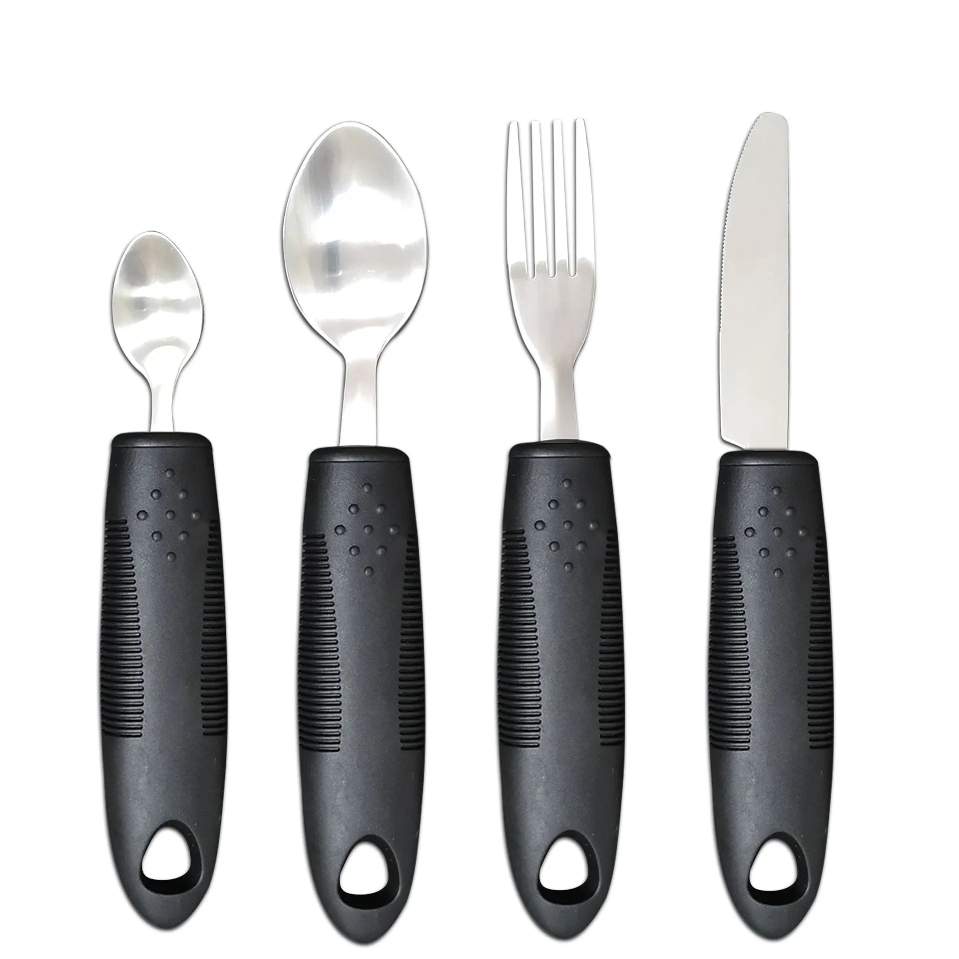 Anti-shake adaptive tableware set with stainless steel utensils and rubber handle grips