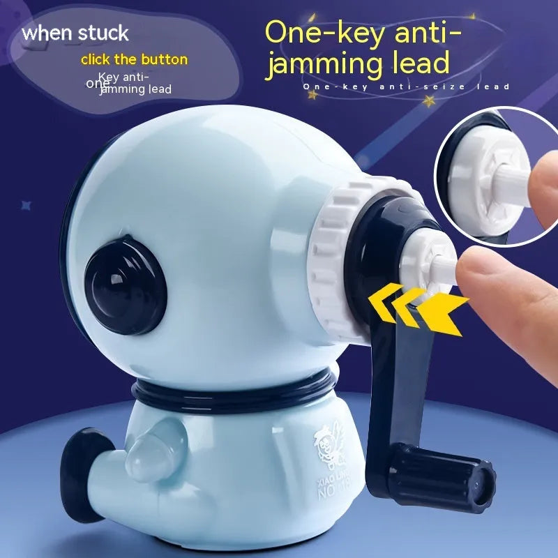 Blue astronaut cartoon manual pencil sharpener with anti-jam mechanism for 2mm leads