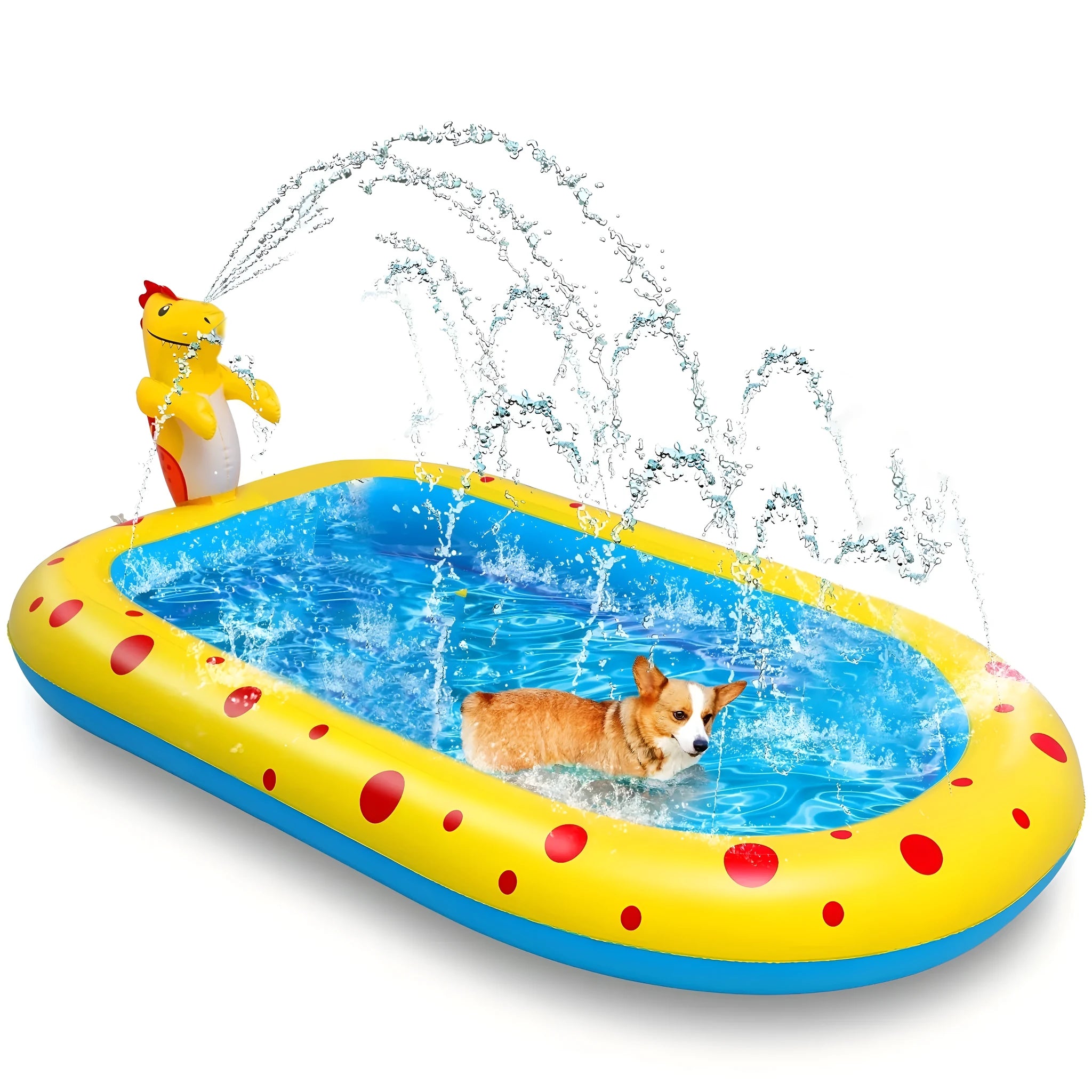 Blue dinosaur shark design inflatable water spray pool measuring 170cm long for children and pets