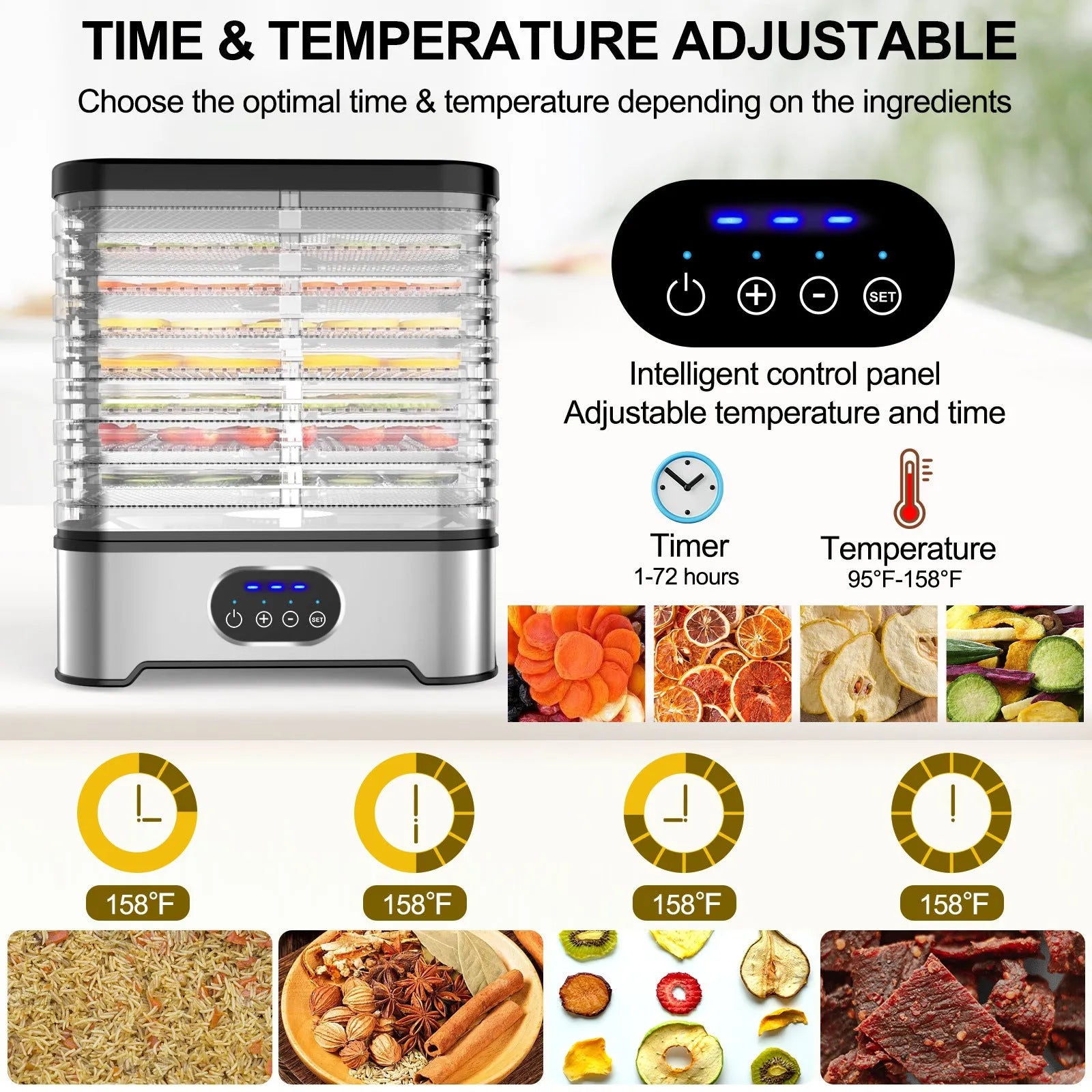 Silver or red household food dehydrator with 8 drying layers and control panel
