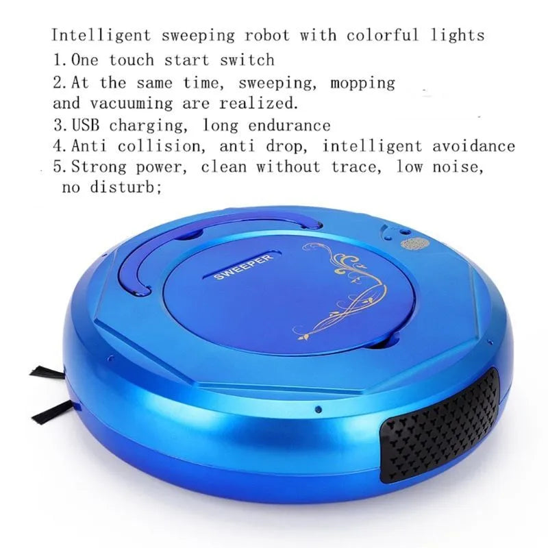 Lazy Smart robotic vacuum cleaner in blue, black, or white on a hard floor