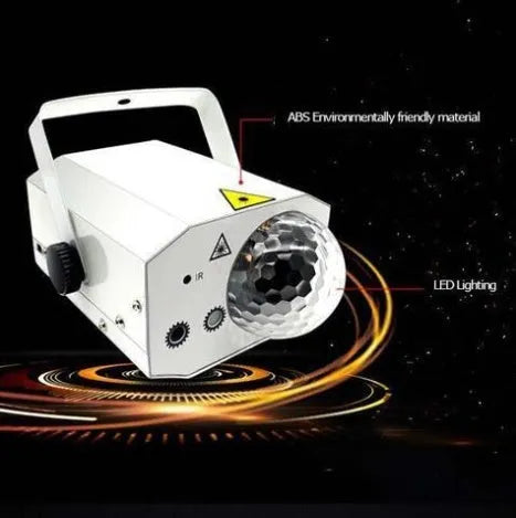 LED laser magic fan stage lighting equipment with dual projection effects in black housing