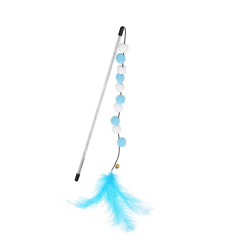 31cm long cat teaser interactive toy rod with bell and pompon feather attachments