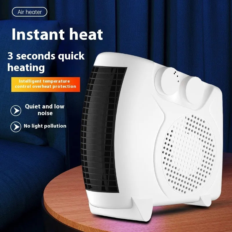 White compact desktop electric heater with power settings and quiet operation