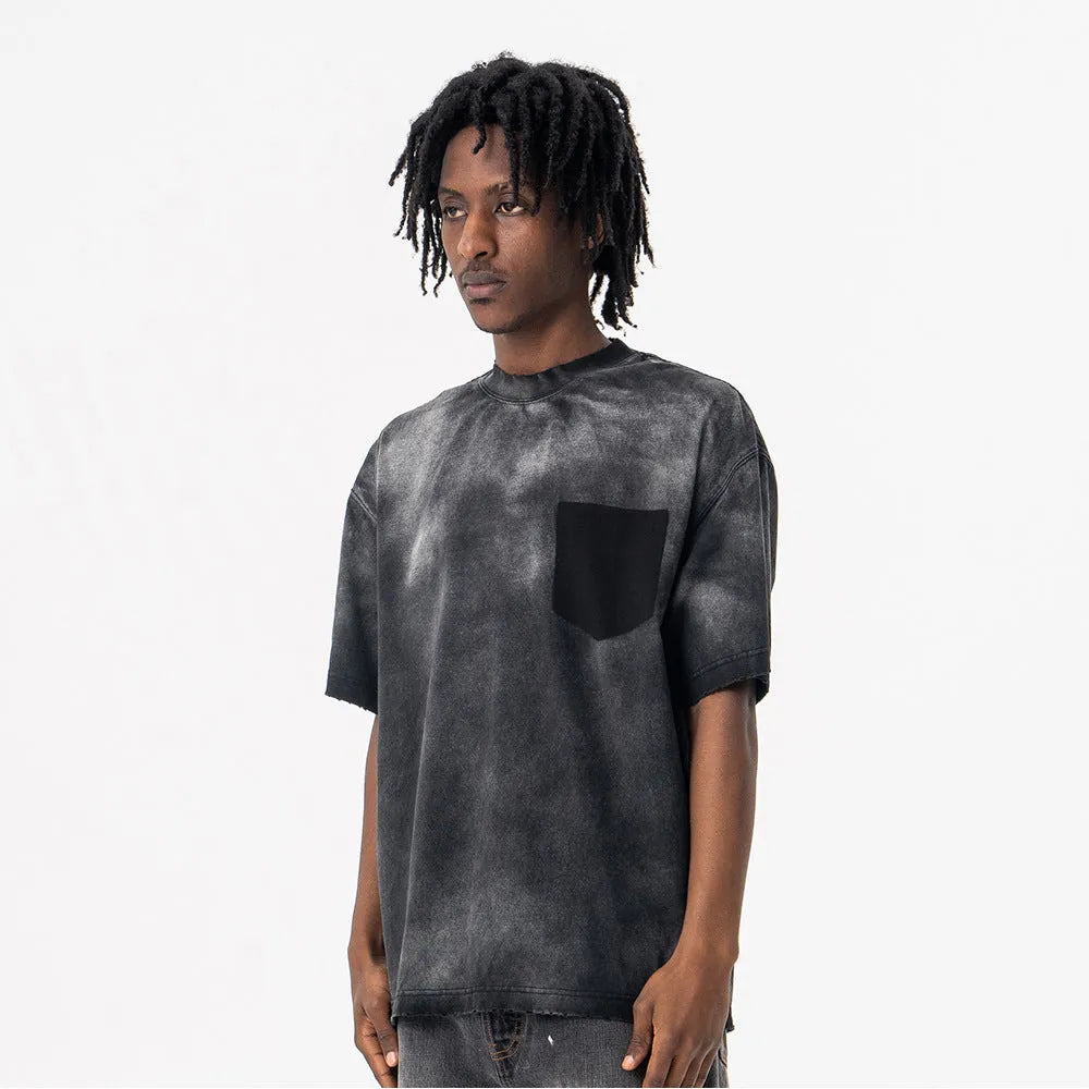 Black men's cotton t-shirt with printed letter pattern and drop-shoulder sleeves in loose street fashion style