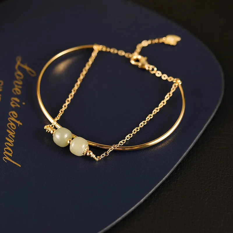 Hetian jade lucky beads bracelet with gold inlay detailing in women's single, double or three-bead versions