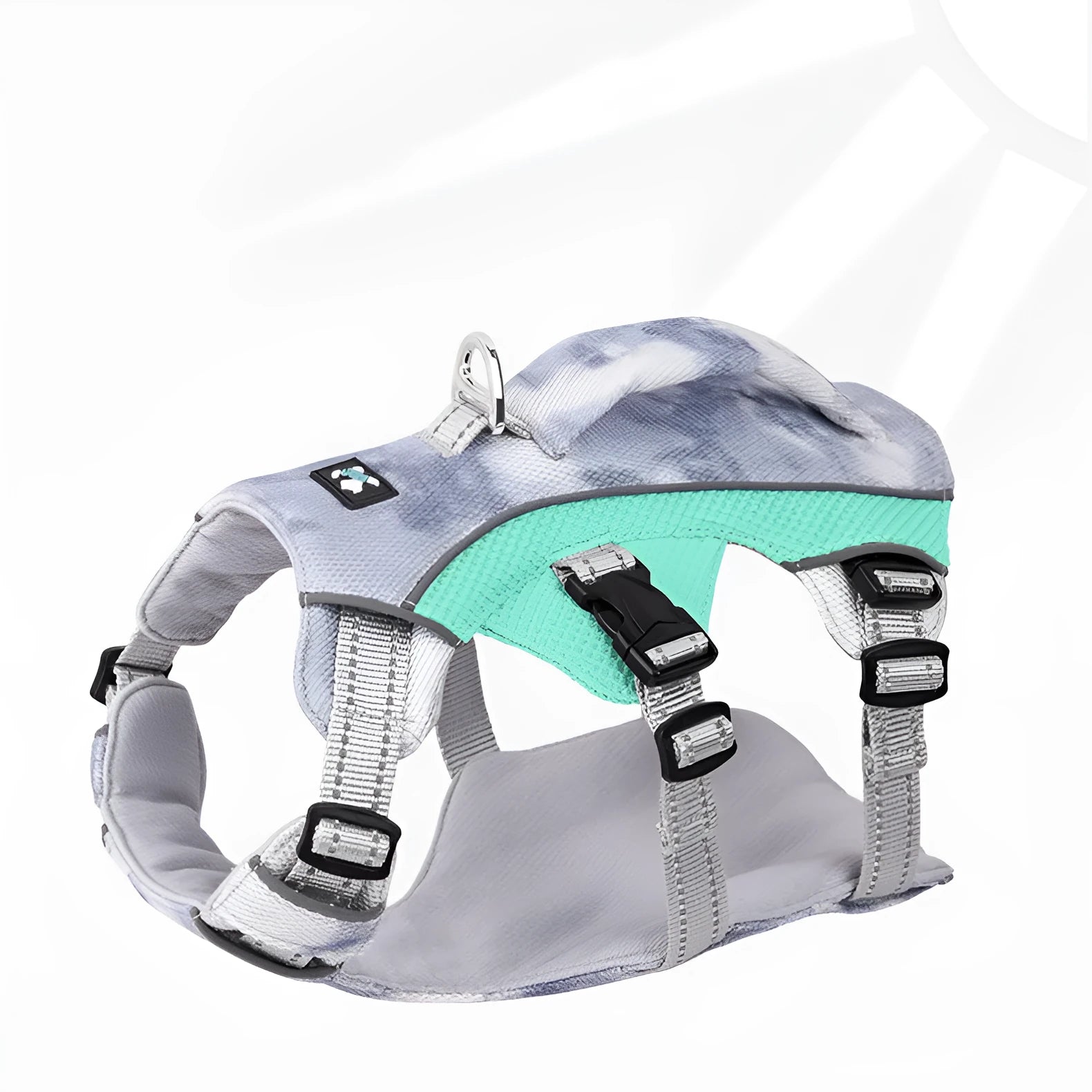 Reflective light blue dog cooling vest with chest strap on a medium-sized dog