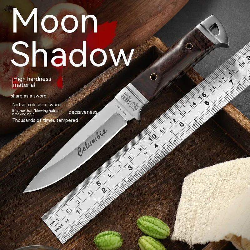 Camping portable fruit knife with leather case showing stainless steel blade and national style design