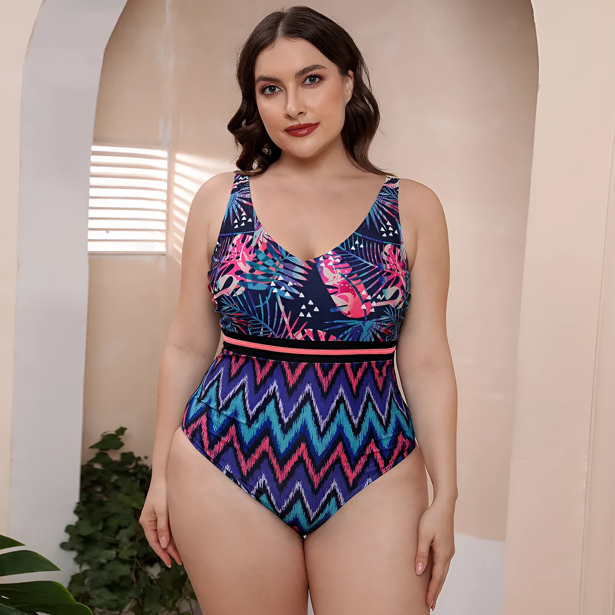 Women's striped spaghetti strap one-piece swimsuit in blue, white, or green printed patterns.