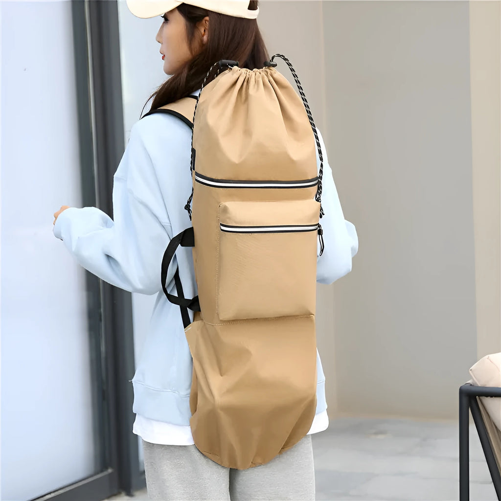 Black waterproof nylon skateboard bag with longboard fishing rod and flippers inside