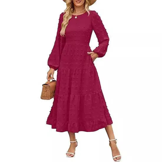 Beige casual long sleeve dress with ruffled sleeves and a high waist on a hanger