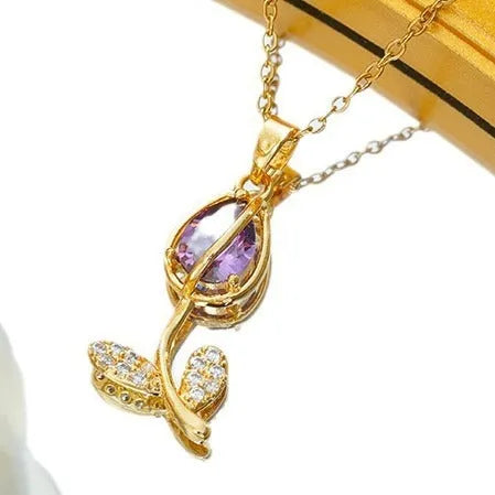Gold electroplated tulip flower necklace with zircon stones on titanium steel chain