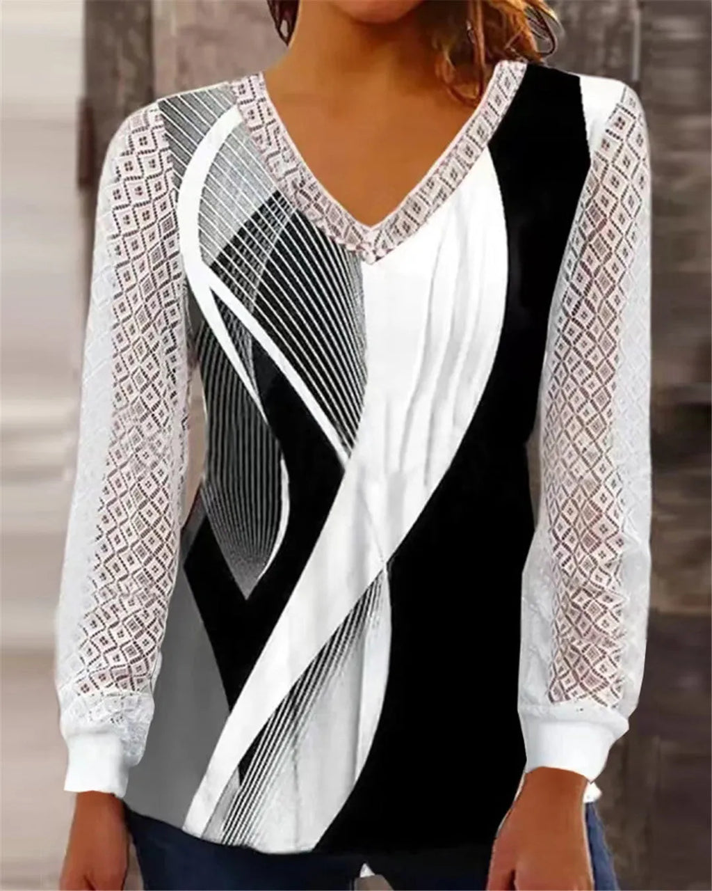 Women's purple V-neck loose pullover top with hollow-out lace detailing and long sleeves