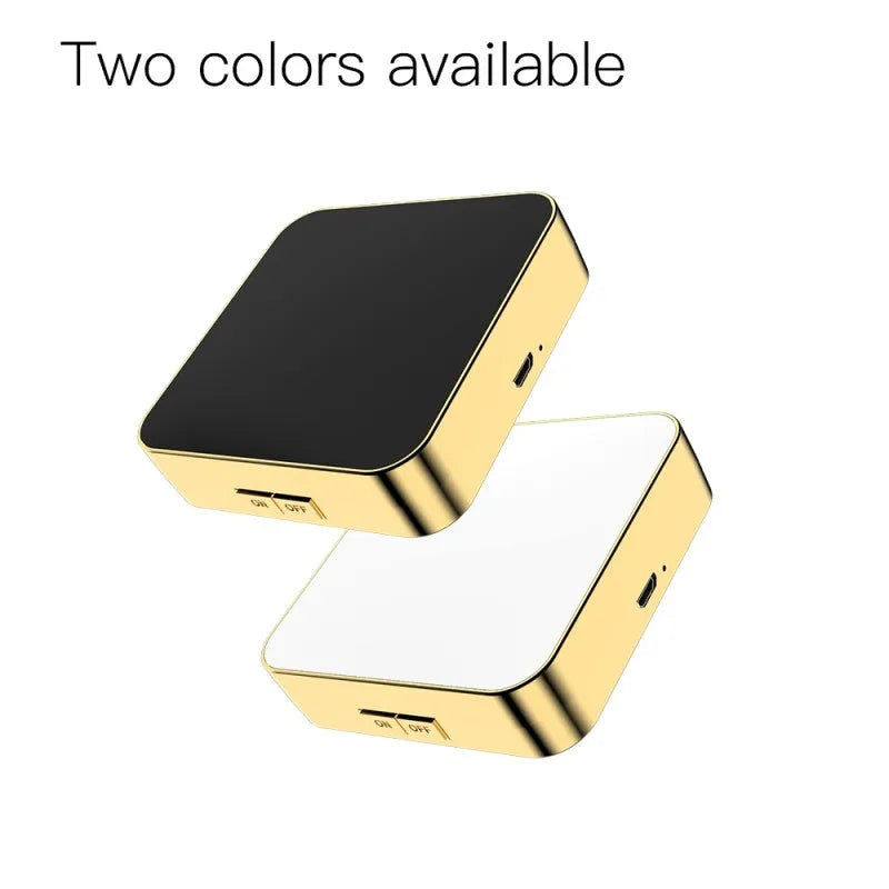 Black and white makeup mirror with 4x magnification on one side, HD mirror on the other, and adjustable lighting controls.