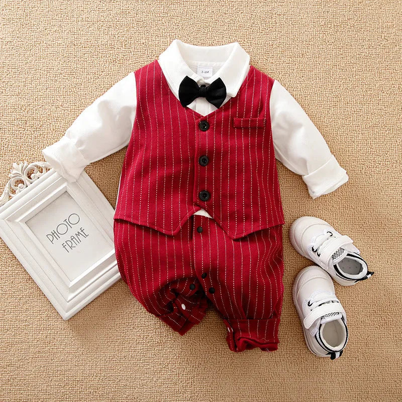 Wine red cotton baby boy romper with long sleeves and single-breast closure, shown in a long climbing style.