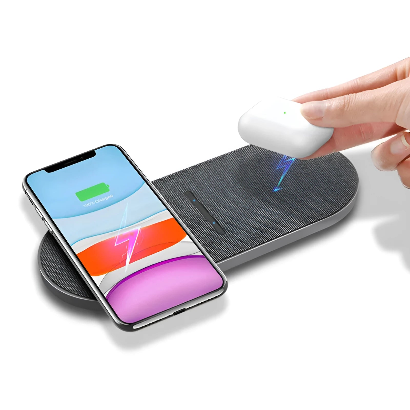 Black wireless charger with two charging pads for simultaneous device charging