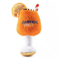 Yellow plush beer bottle cup dog toy with squeaker and teeth cleaning feature