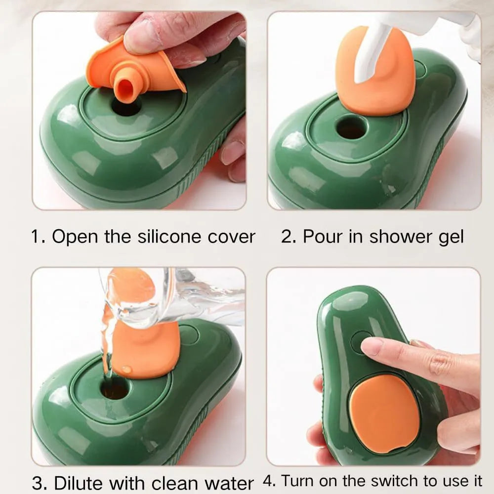 Green and white rechargeable cat steam brush with silicone teeth, shown with water spray function.