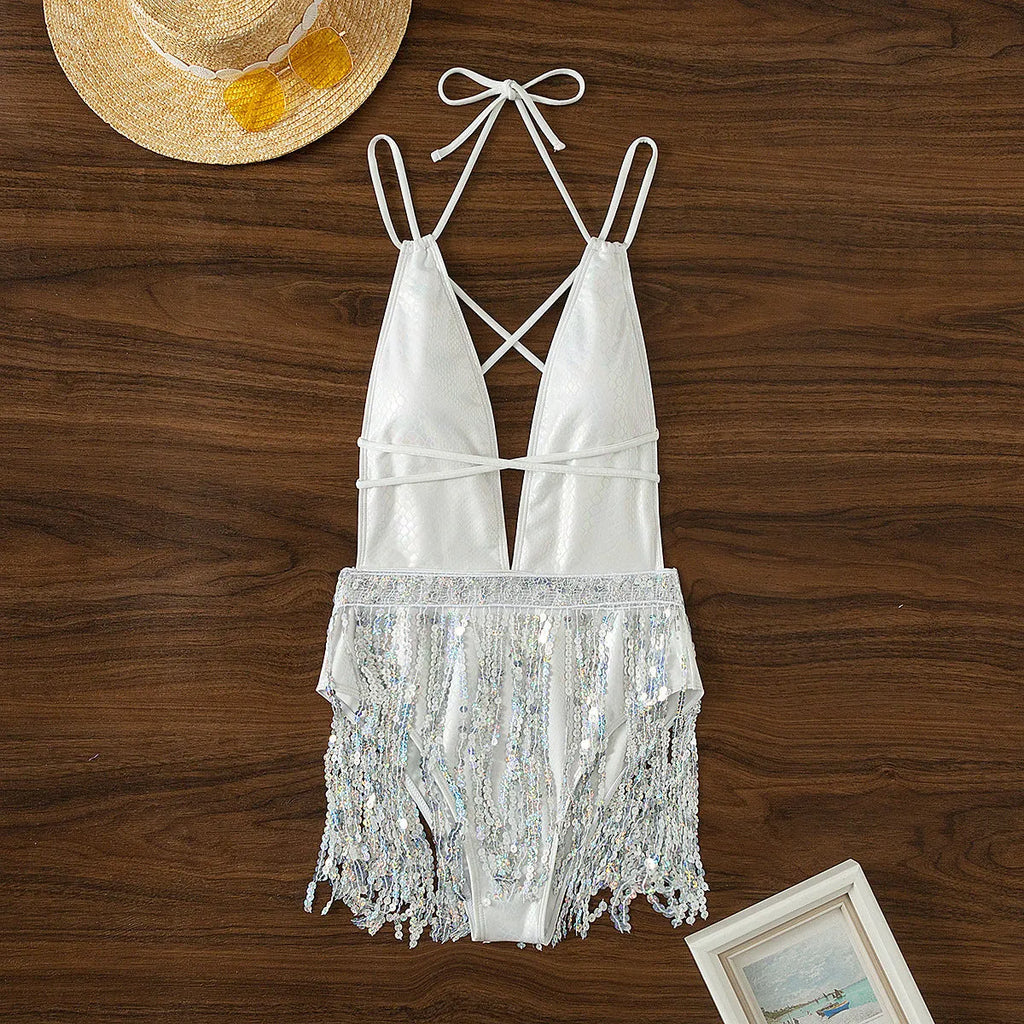 White deep V neck tassel dress one-piece swimsuit with sleeveless design
