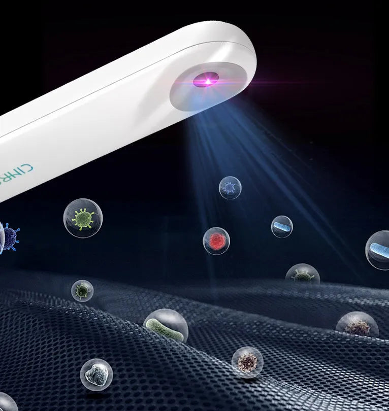 White portable UV sterilizer lamp showing compact 116mm design with disinfection indicator
