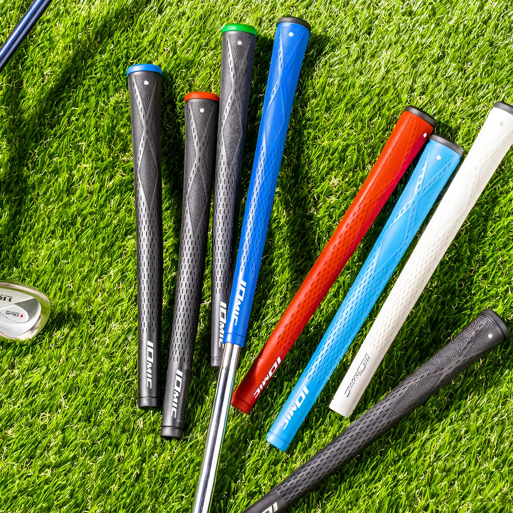 TPE material golf club grip shown in various colours including pink, blue, and black with coloured heads.