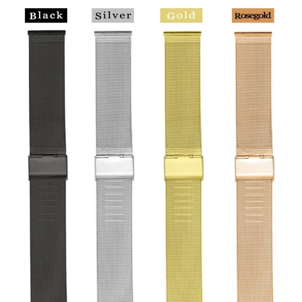 Milani silk woven stainless steel watch band in silver, black, rose gold, and gold colour options