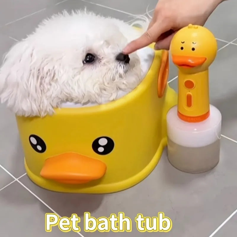 Blue duck-shaped PVC bathtub for washing dogs and cats on a flat surface.