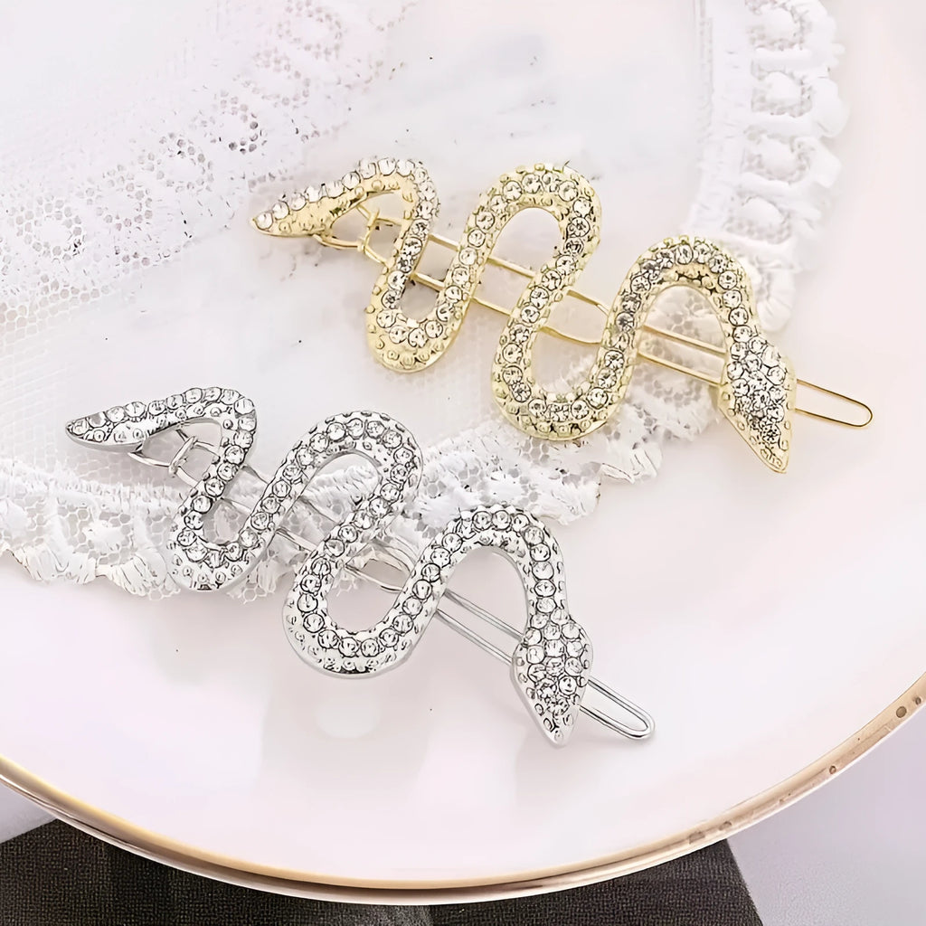 Vintage snake hair barrette with rhinestone detailing in gold and silver colour options