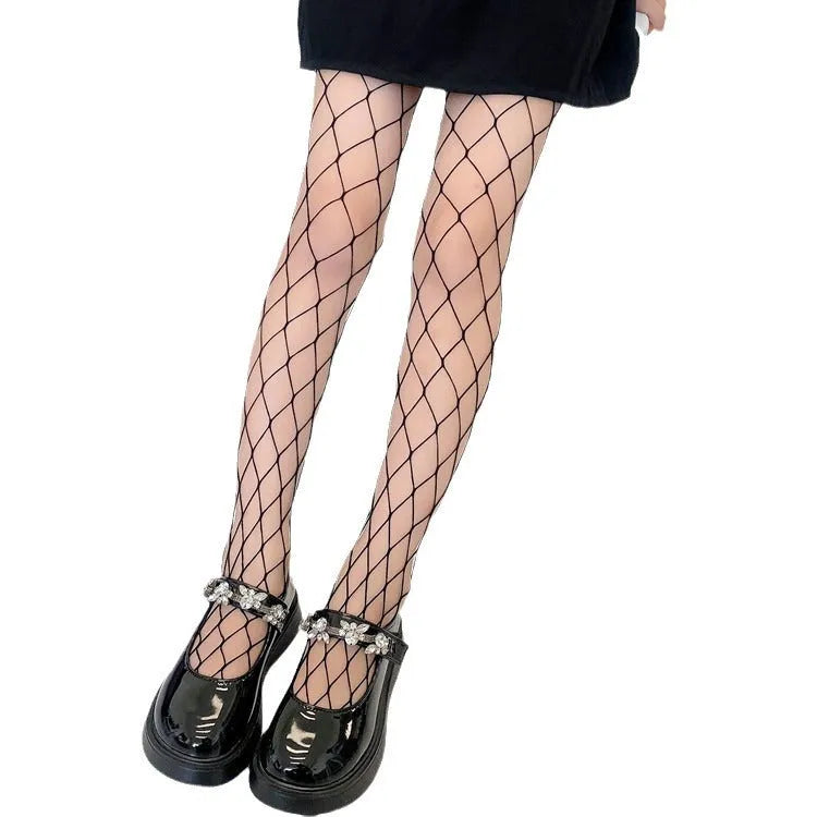 Women's black and white mesh stockings showing large, medium, and small pattern options.