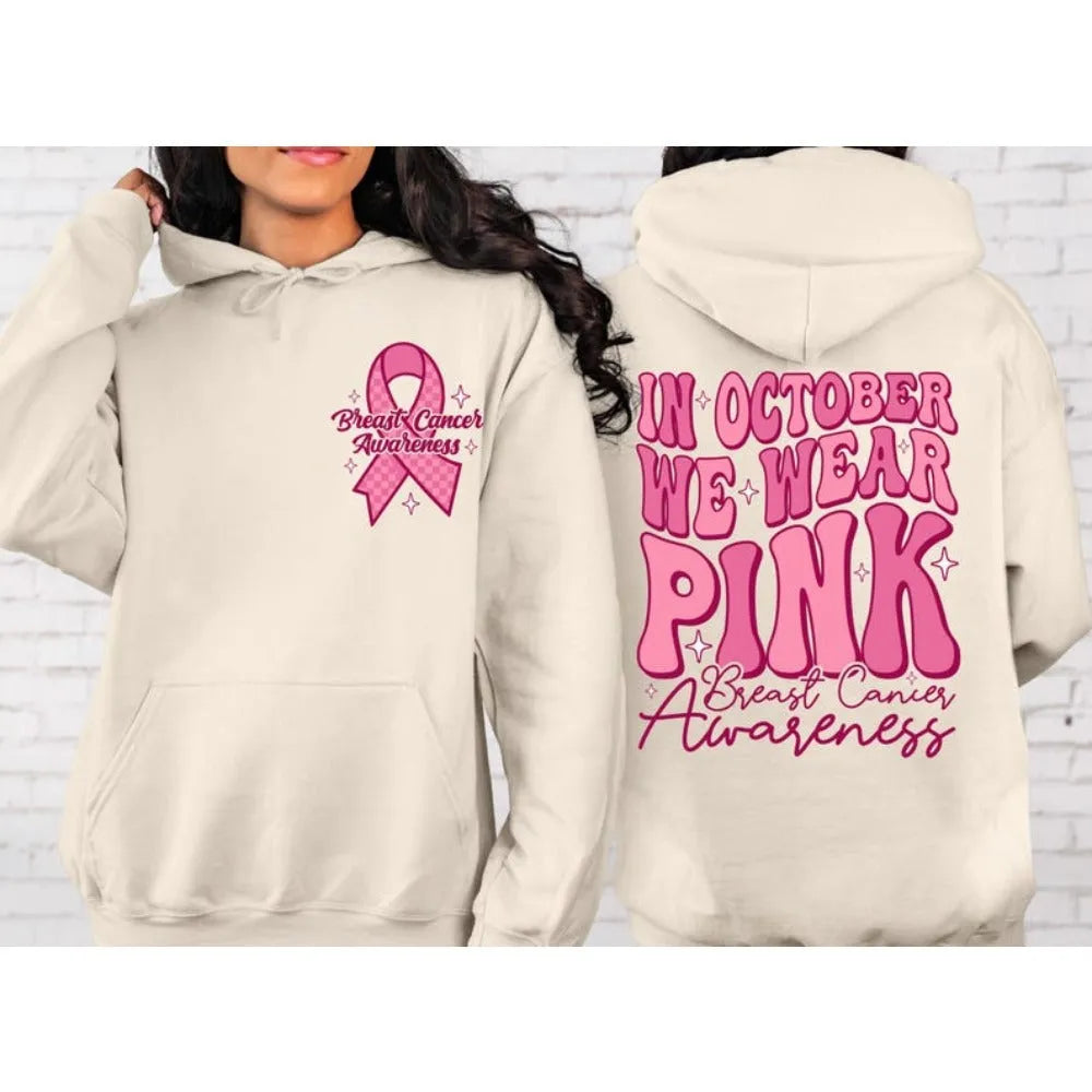 Breast Cancer Awareness pullover hoodie with retro art design and side seam pockets in a choice of colours.